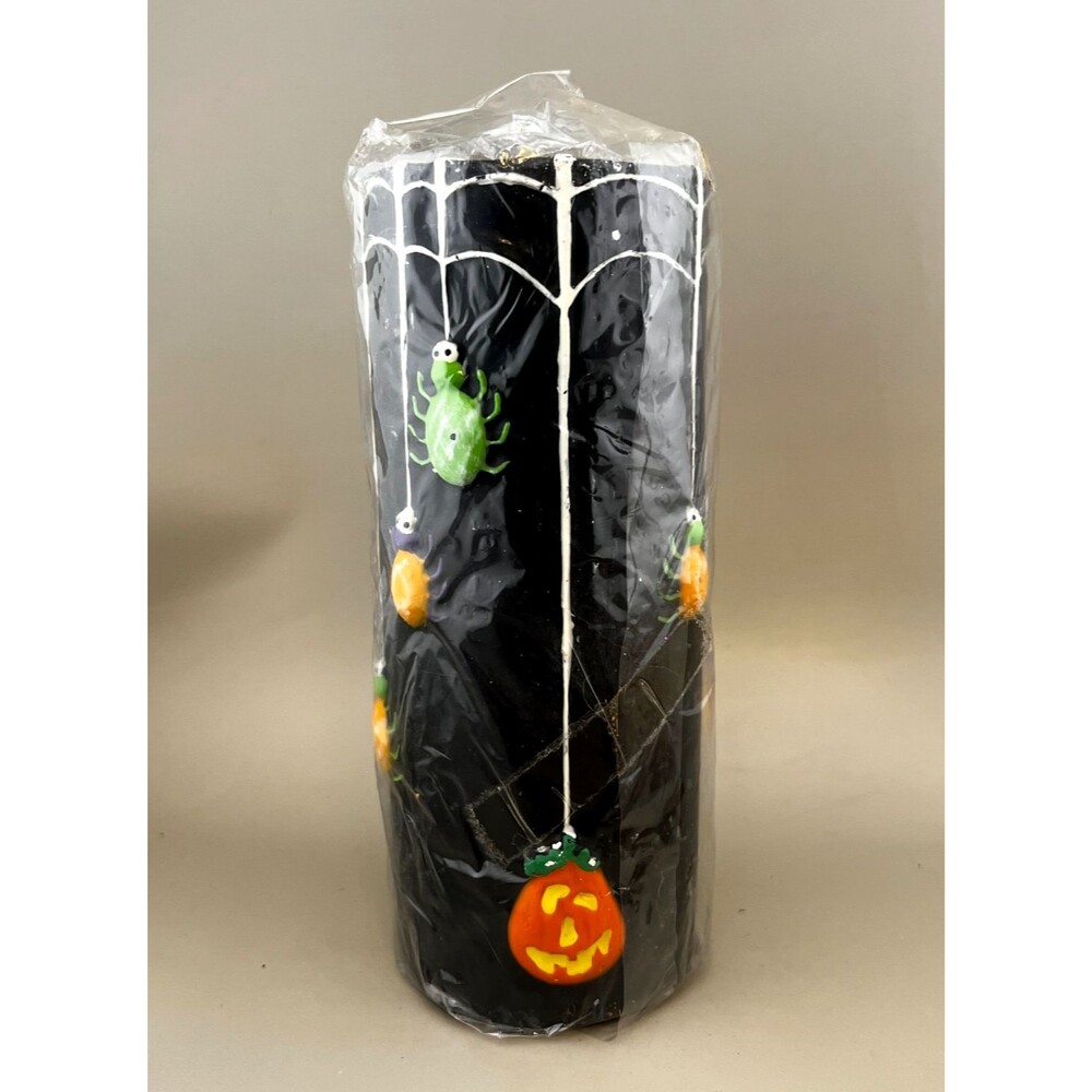 Vtg NOS Robert Alan Halloween Spider Pillar Candle 6" Tall Webs Jack-O-Lanterns